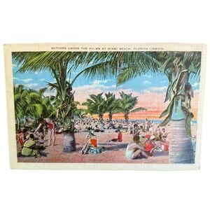Vintage Linen‎ Postcard Miami Beach Florida Palm Tree Sunbathers Made in the USA